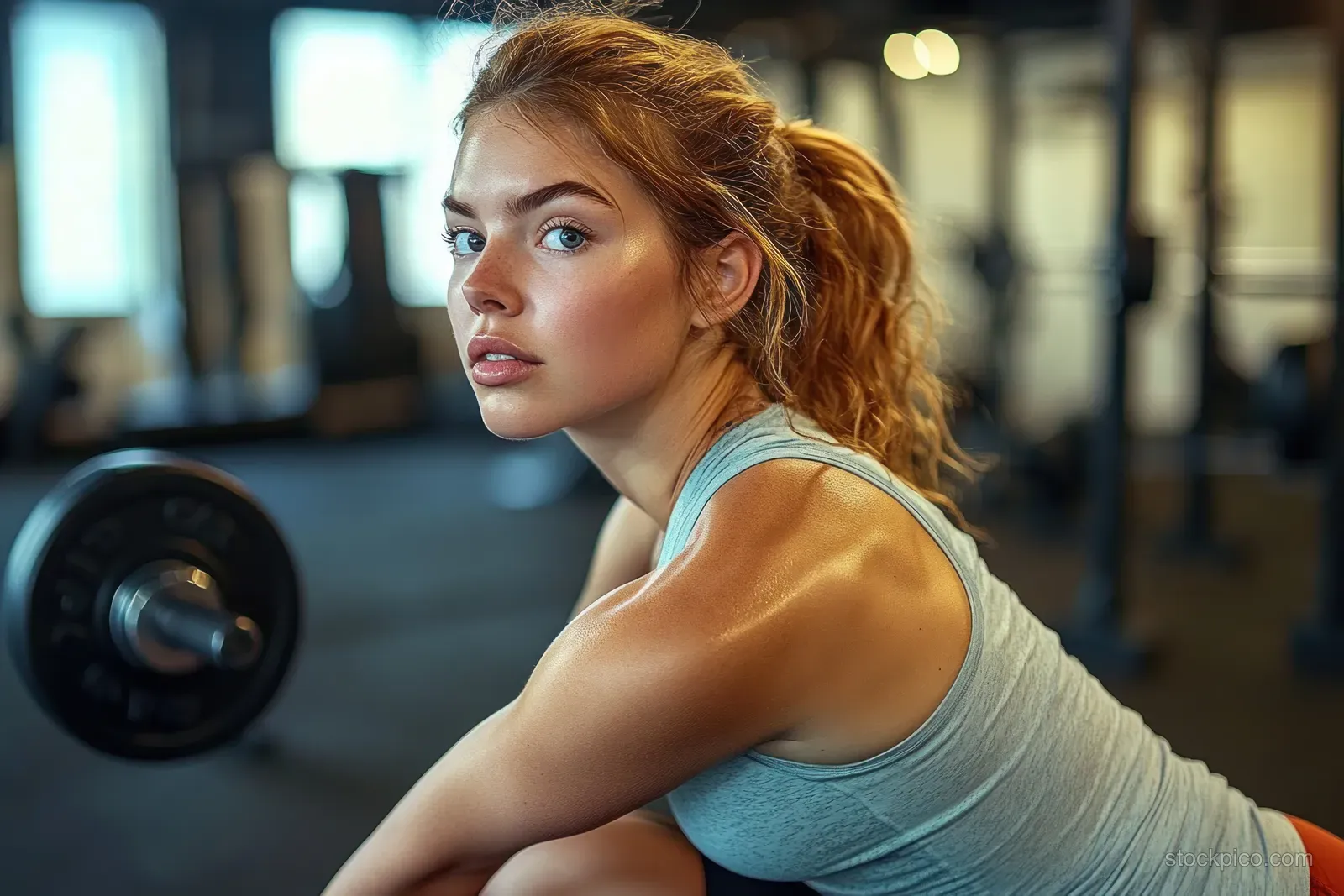A focused red-haired woman braces for a barbell squat in a modern indoor gym.