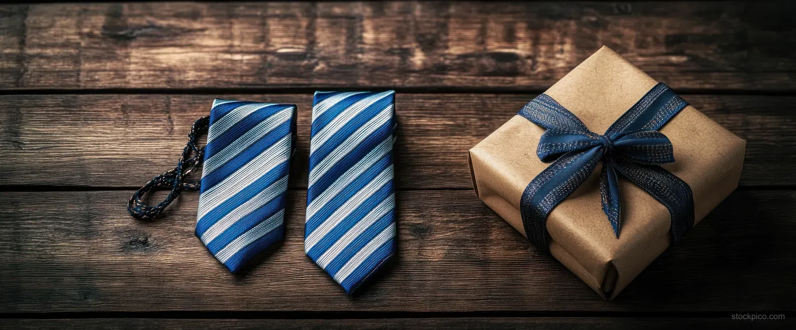Blue striped tie and a wrapped gift box with a navy ribbon bow on a rustic wooden table.