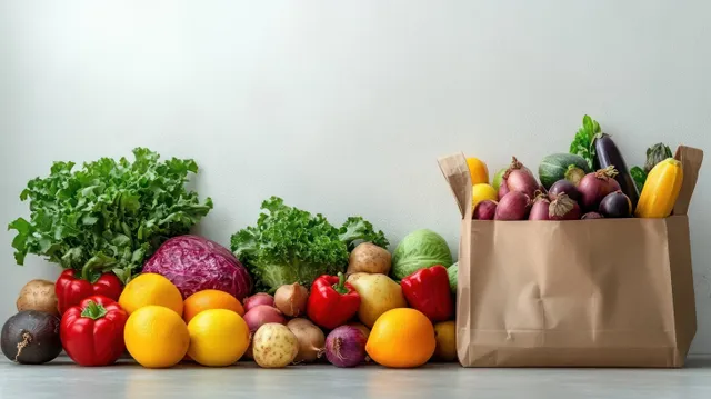 Assorted fresh vegetables and fruits arranged with a paper bag against a plain white background.