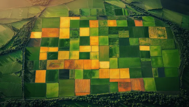 Aerial farmland grid map with color-coded crop plots under satellite monitoring