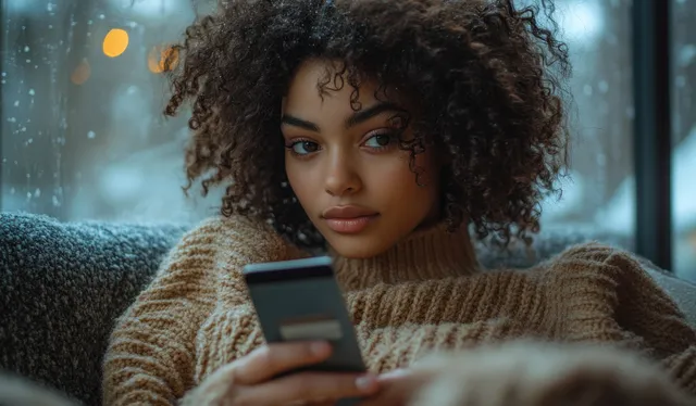 Young woman browsing e-commerce on smartphone while holding a credit card at home