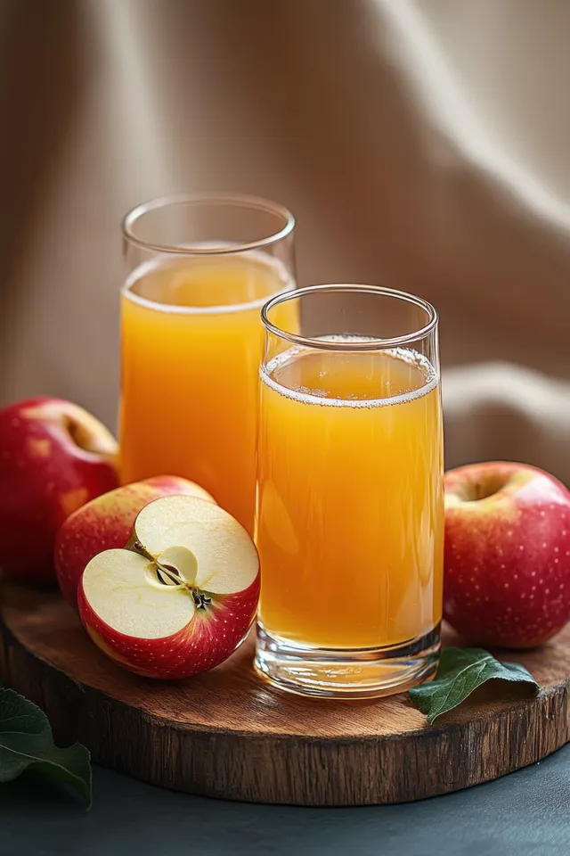 Two glasses of fresh apple juice on a wooden board with red apples and slices