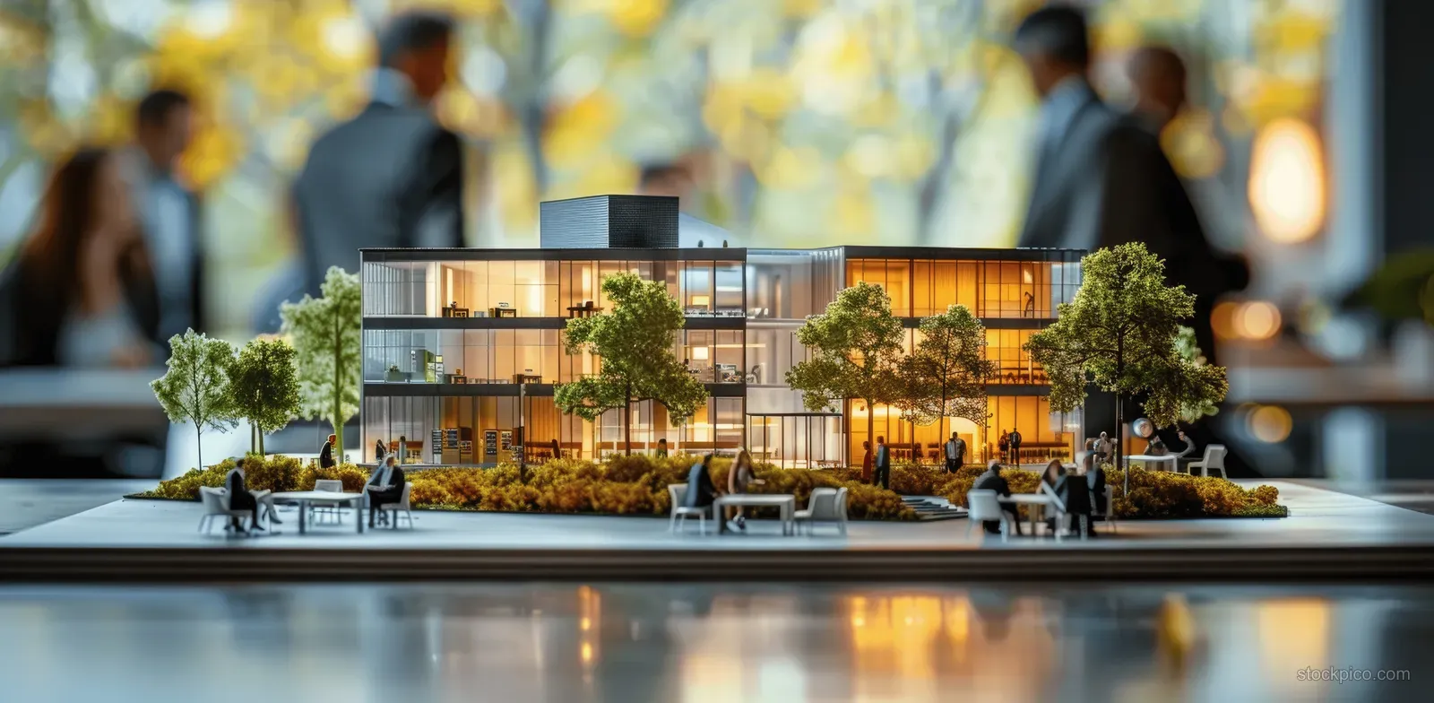 Business professionals inspect a modern office building scale model with tiny trees on a desk as the background blurs.