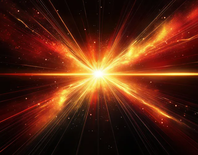 Golden and red light beams burst outward from a bright center into a dark space background.