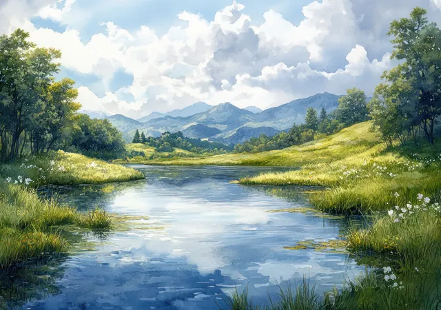 Calm watercolor river winding through lush green hills with soft cloud reflections