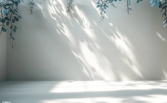 Sunlit white interior wall with blurred leaf shadows forming a soft dappled pattern.