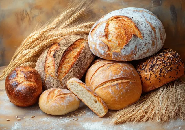 Assorted breads and sliced loaves with wheat stalks and grains on a rustic wooden surface.