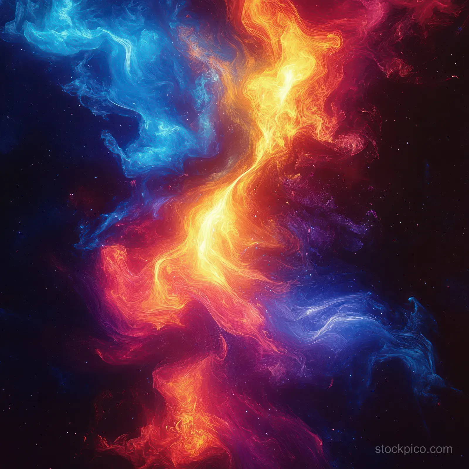 Fiery orange and cool blue nebula clouds swirl together in a glowing cosmic vortex against a dark space background.