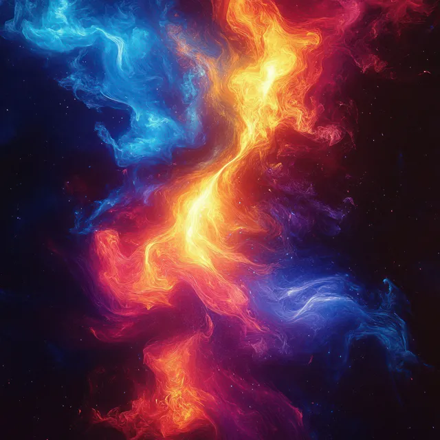 Fiery orange and cool blue nebula clouds swirl together in a glowing cosmic vortex against a dark space background.