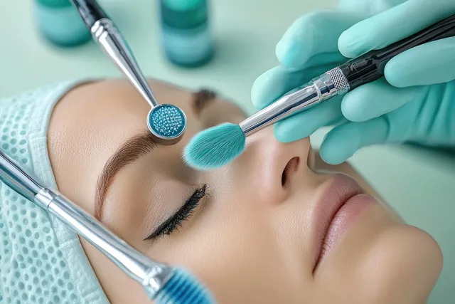 Gloved cosmetologist injects mesotherapy into a client’s face while applicators and needles hover nearby.