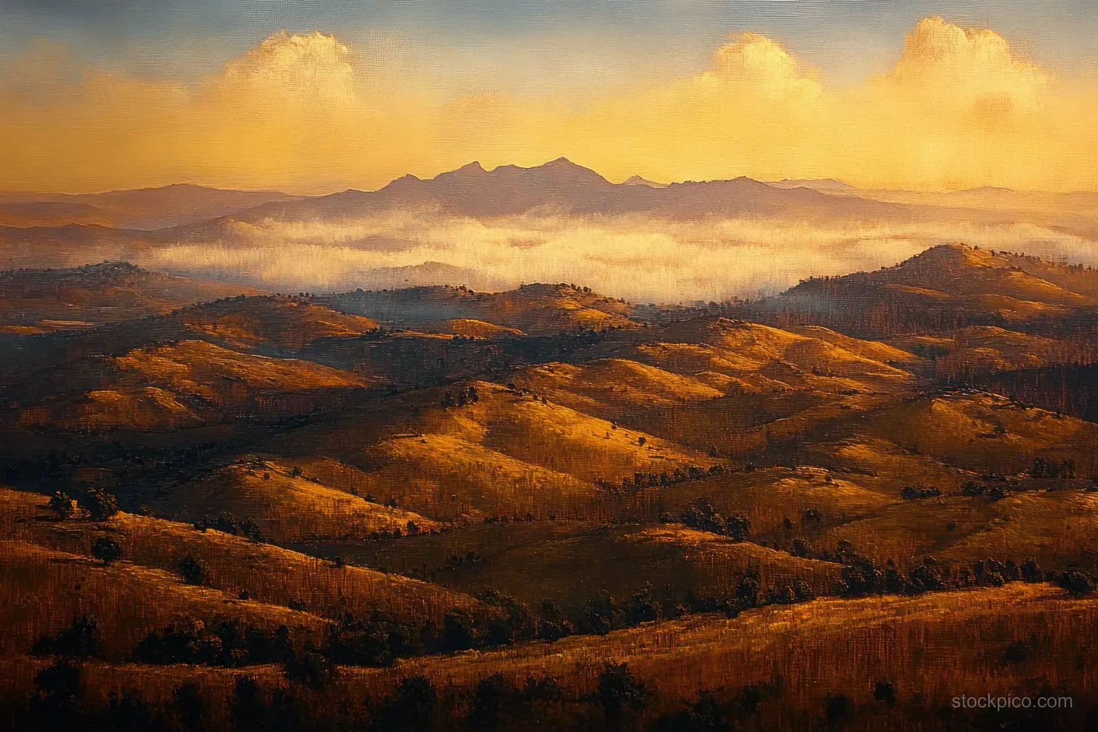 Golden sunset casts warm light over rolling hills with a distant mountain range under partly cloudy skies.