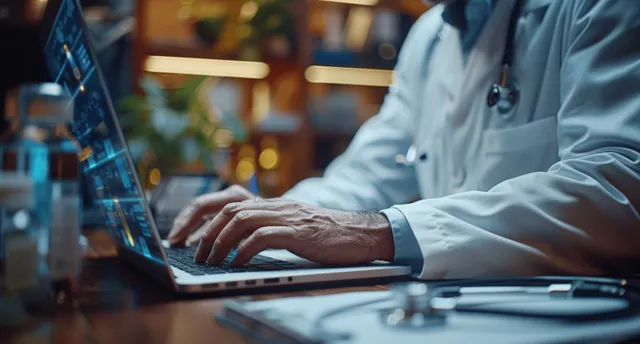 Doctor’s hands typing on a laptop at a clinic desk with a stethoscope and digital tablet nearby.