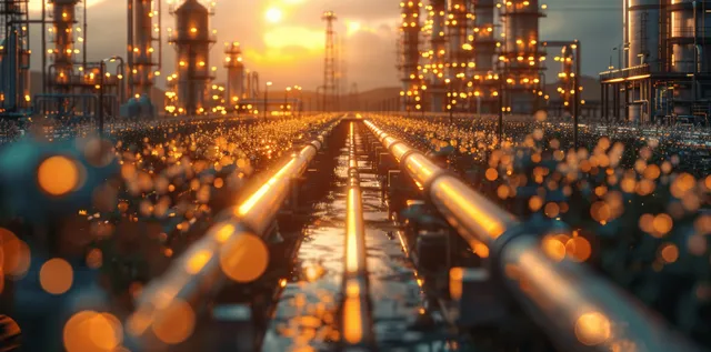 Golden hour refinery scene with long parallel pipelines, illuminated process units, and warm lens flare across the yard.