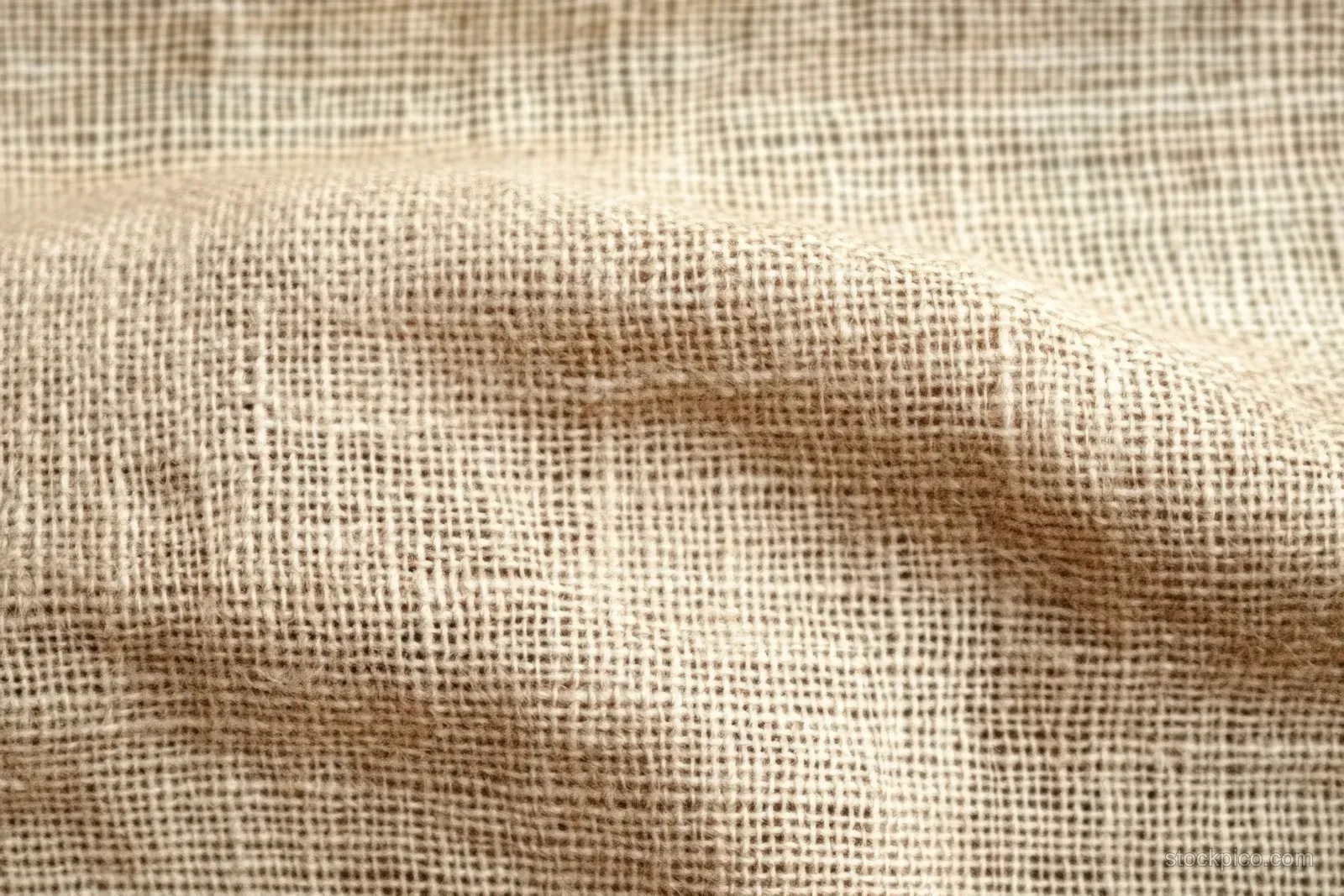 Beige coarse woven fabric close-up showing visible fibers and an uneven thread weave surface.