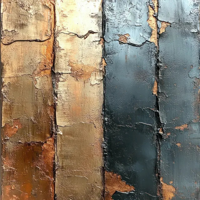 Close-up of cracked, peeling metal panels with rust stains and vertical rusty gold and dark green stripes.