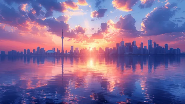 Toronto skyline silhouetted against a glowing sunset, with golden reflections rippling across Lake Ontario.
