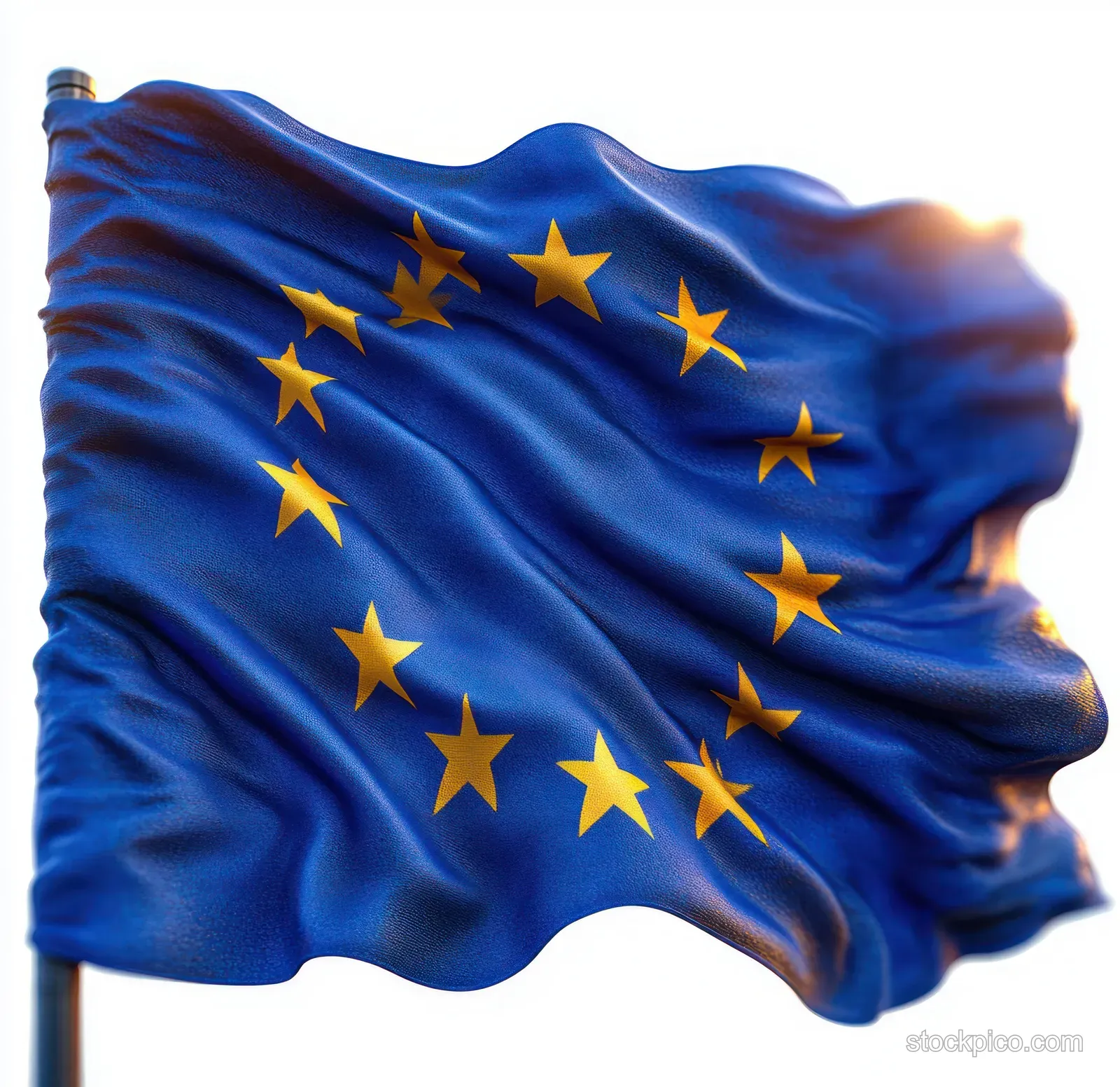 Blue flag with twelve golden stars waving in the wind against a bright sky.