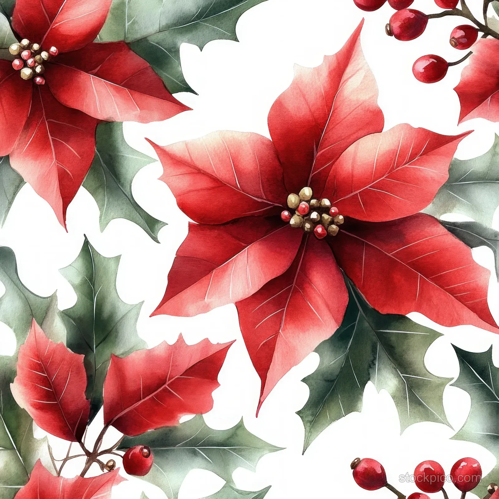Seamless watercolor pattern of red poinsettia flowers, holly leaves, and berry sprigs on a light background.