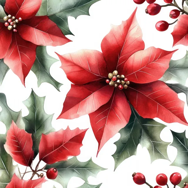 Watercolor poinsettia and holly seamless pattern with red berries and green leaves
