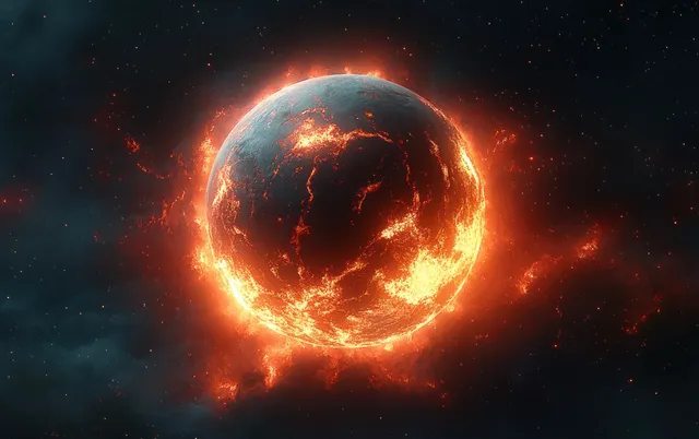 Glowing burning Earth with bright orange lava trails and floating debris in a dark space nebula.