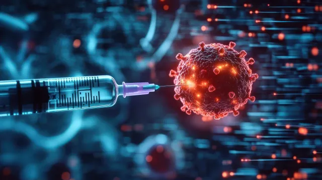 Medical syringe injecting glowing virus particles with red-orange sparks on dark blue backdrop