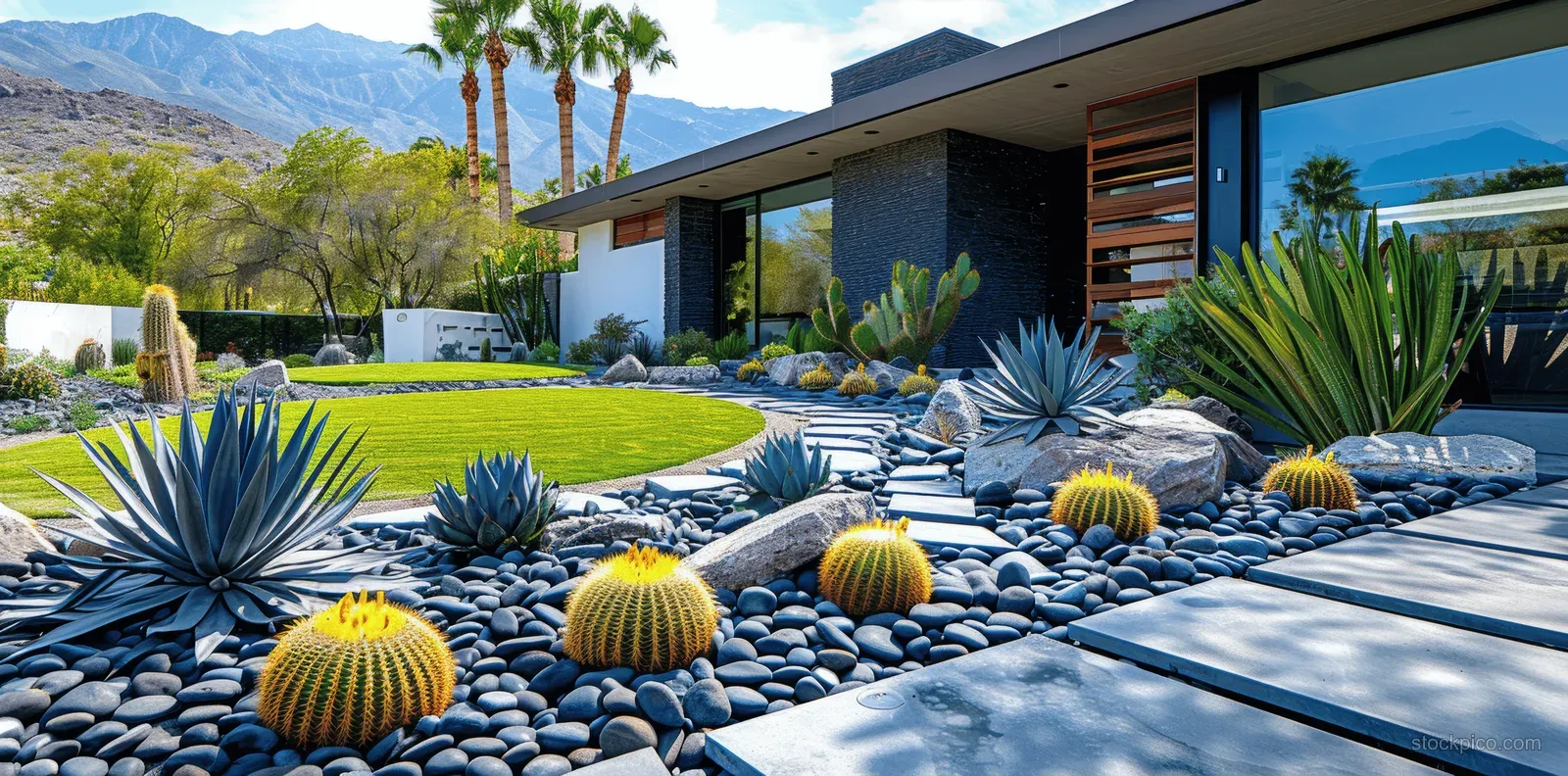 Modern desert home exterior with a concrete walkway bordered by black rocks and cacti in landscaped garden.