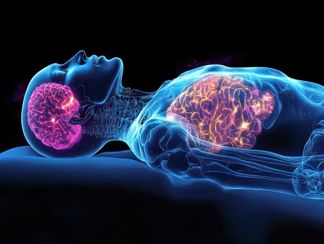 Sleeping woman depicted in glowing neon X-ray style with visible brain, ribs, and vertebrae across a dark blue scene.
