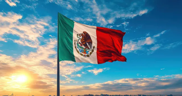 Mexican flag with vertical stripes and emblem waves on a pole above a city skyline at sunset.