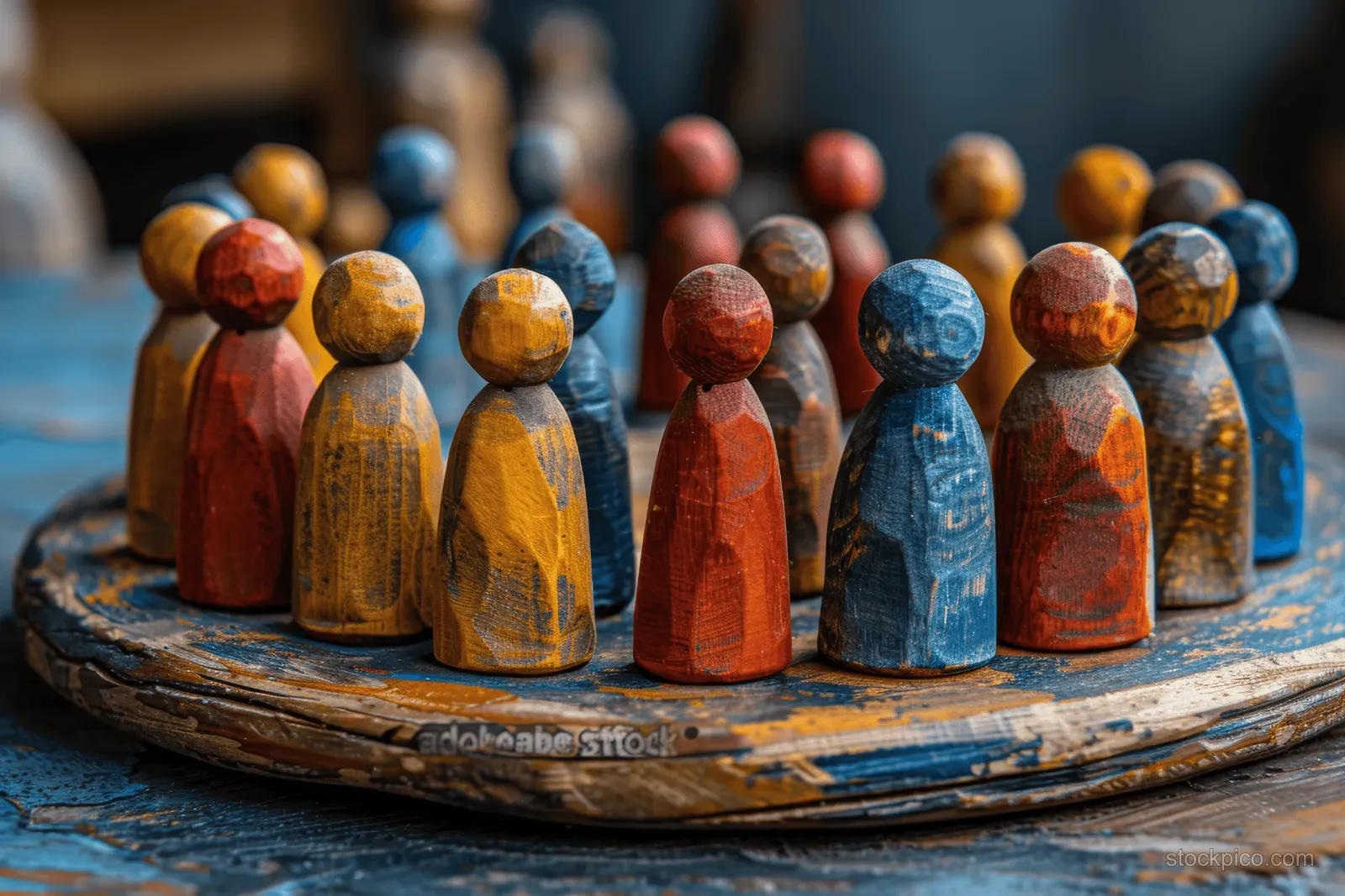 Colorful painted wooden toy figures arranged in a circle on a rustic wooden tray.