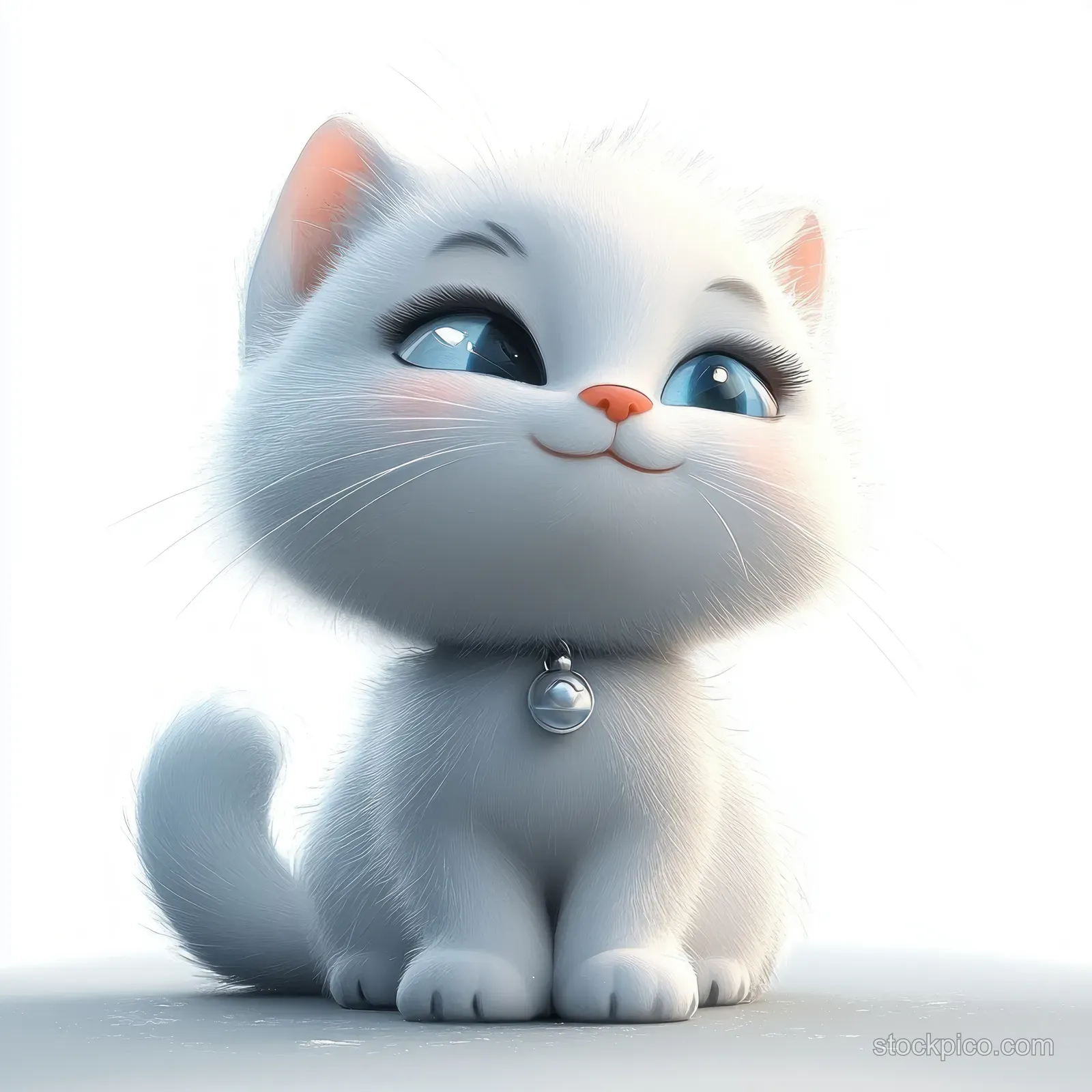 A fluffy white cat sits facing forward on a light background, wearing a small bell collar.