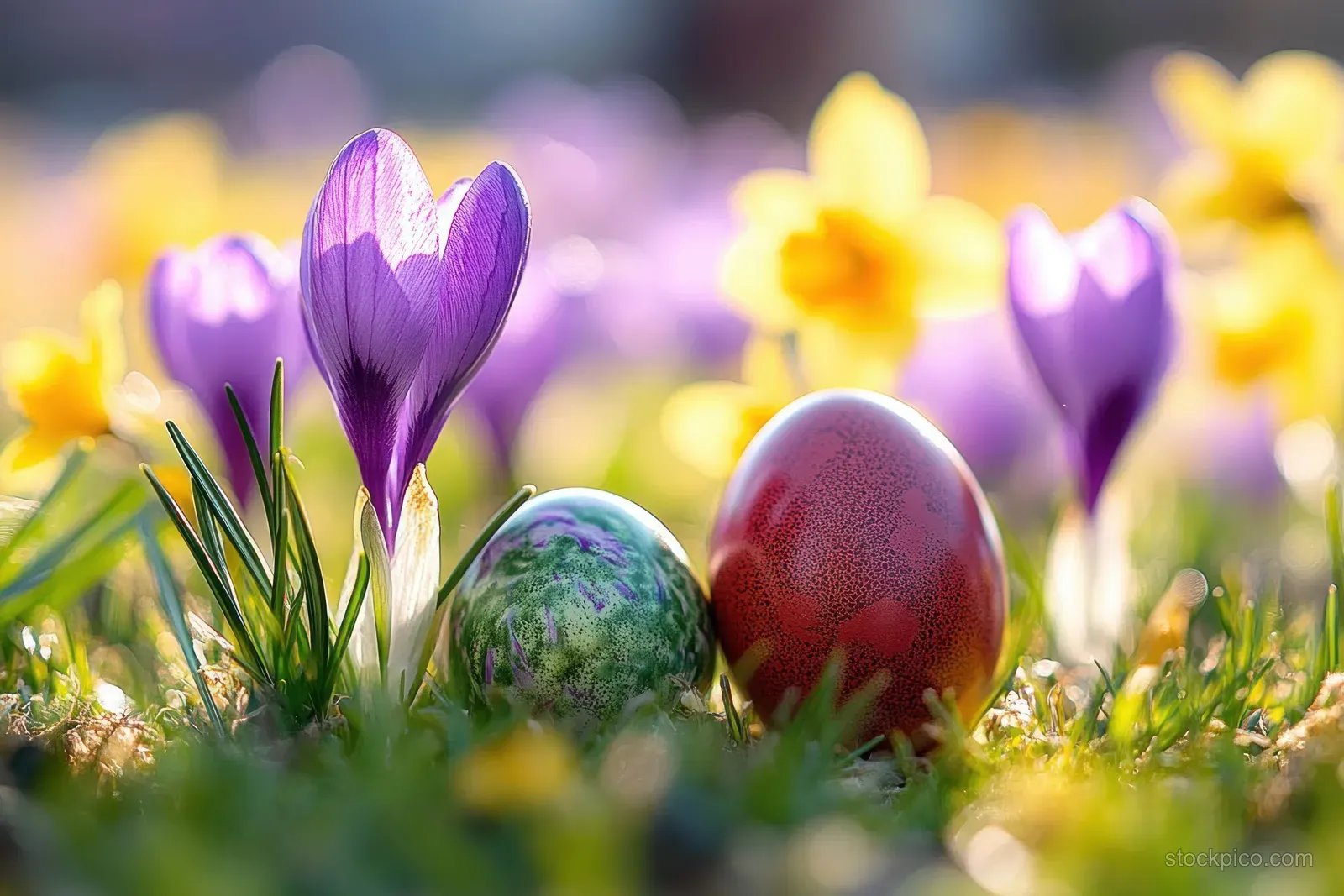 Decorated Easter eggs nestled among blooming purple and yellow crocuses in sunlit green grass.