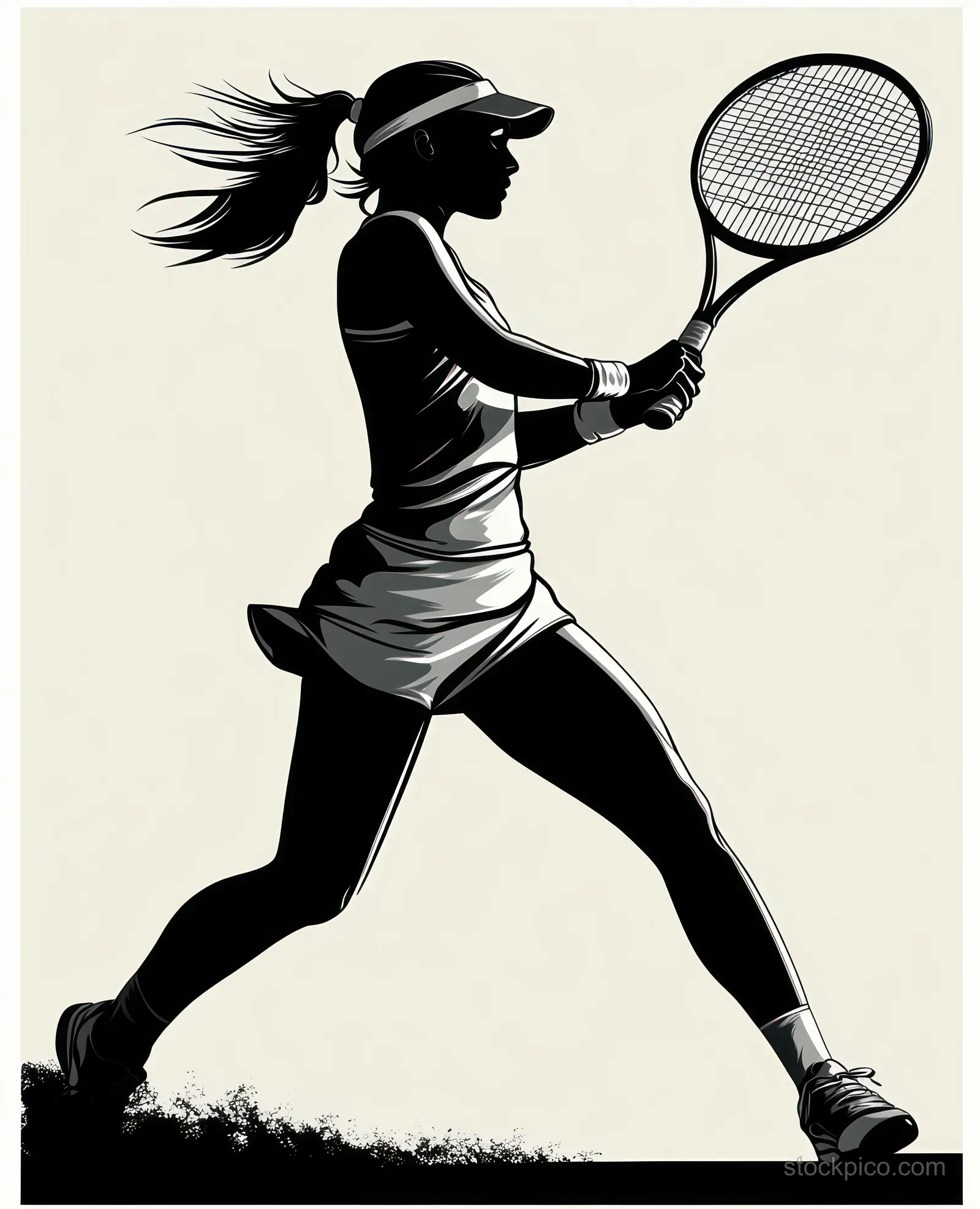 A black silhouette tennis player is shown mid-swing with flowing hair and a raised racket.