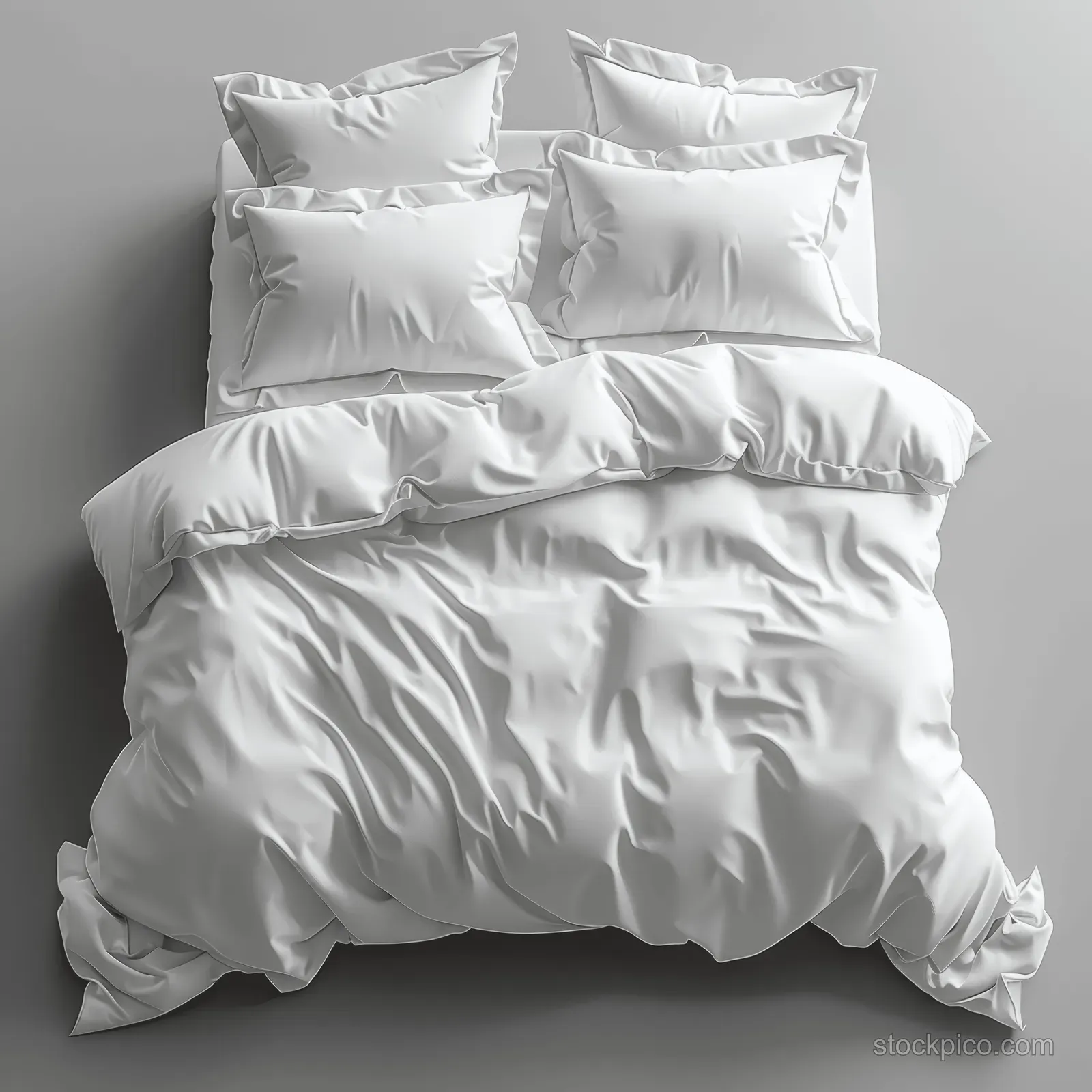 A neatly made bed with white duvet and pillows arranged against a smooth gray wall.