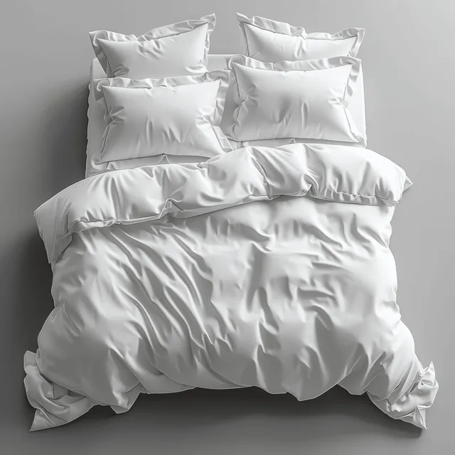A neatly made bed with white duvet and pillows arranged against a smooth gray wall.
