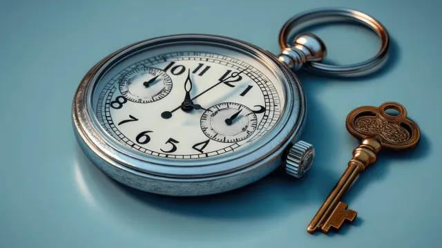 Vintage stopwatch and keys on blue surface representing timing and secure access