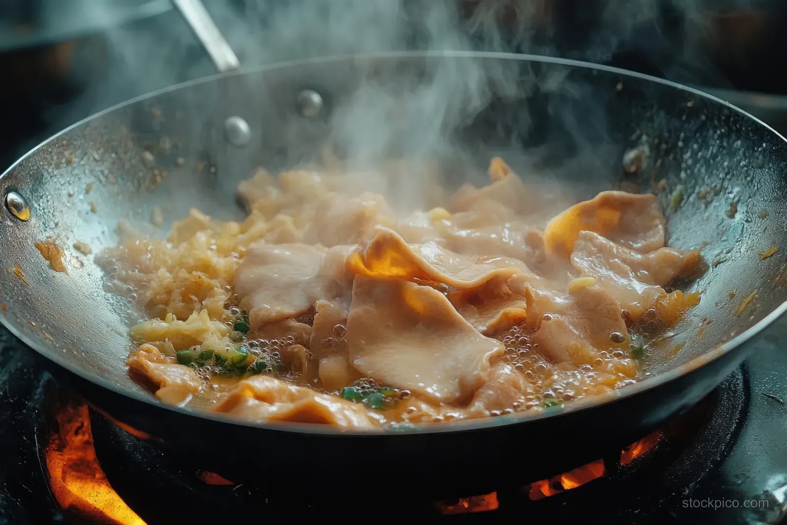 Beef tripe stew simmers in a metal wok with steam rising over an open flame.