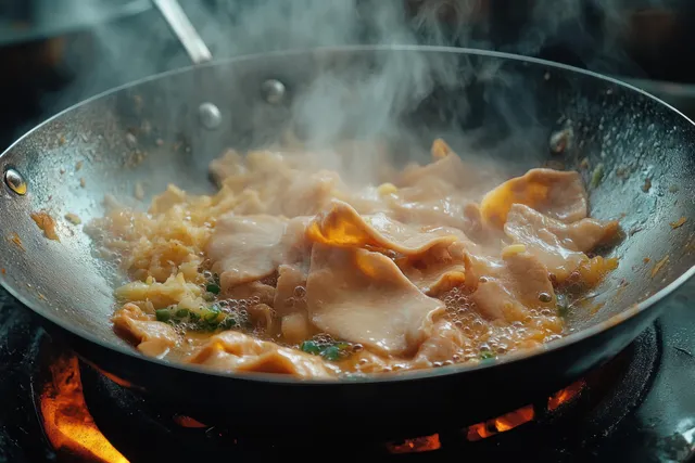 Beef tripe stew simmers in a metal wok with steam rising over an open flame.