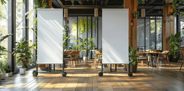 Blank white roll-up banners on wheels stand inside an airy restaurant with wooden floor, plants, and large windows.