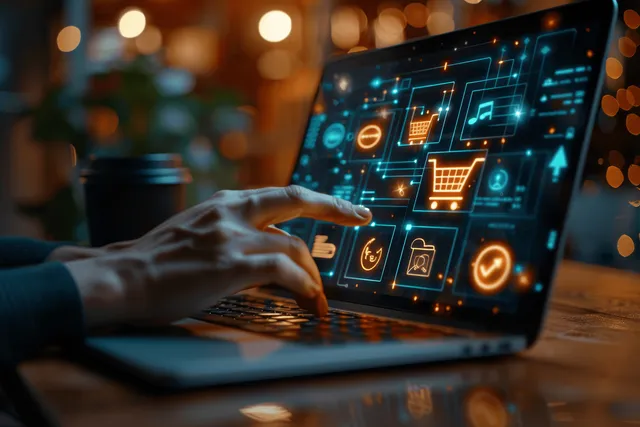Hand tapping laptop checkout screen with shopping cart icons and glowing payment tiles at night