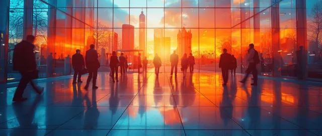 Blurred silhouettes of office workers walking through a glass corridor with sunset reflections and motion streaks.