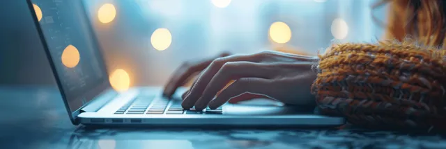 Woman typing on laptop in office light bokeh, focused hands and copy-space banner