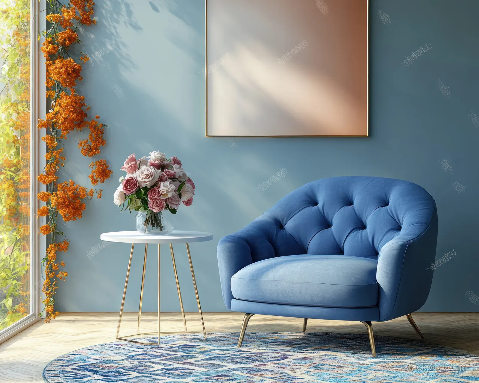 A blue velvet armchair in a sunlit room beside a gold stand with pink flowers on a patterned rug.