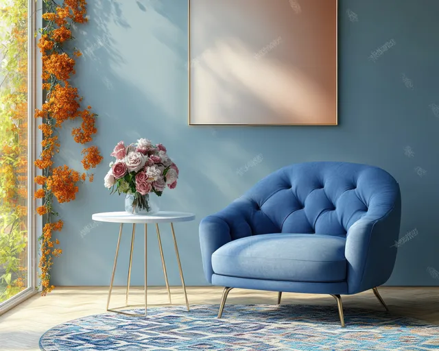 A blue velvet armchair in a sunlit room beside a gold stand with pink flowers on a patterned rug.