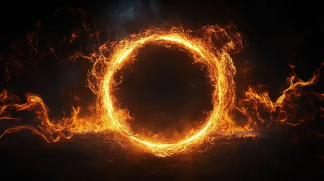Fiery circular ring of flames glowing on black background with swirling embers with Smoke And Embers