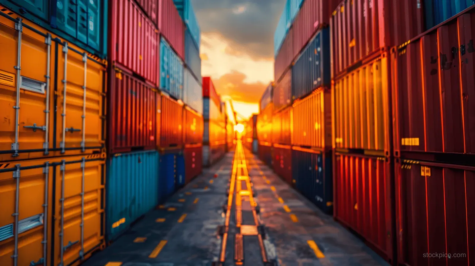 Rows of colorful shipping containers line a narrow path in a sunlit cargo yard.