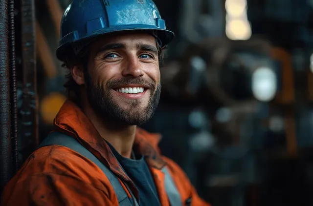 Smiling construction worker in orange safety jacket and blue hard hat inside an industrial workshop with blurred machinery behind him.
