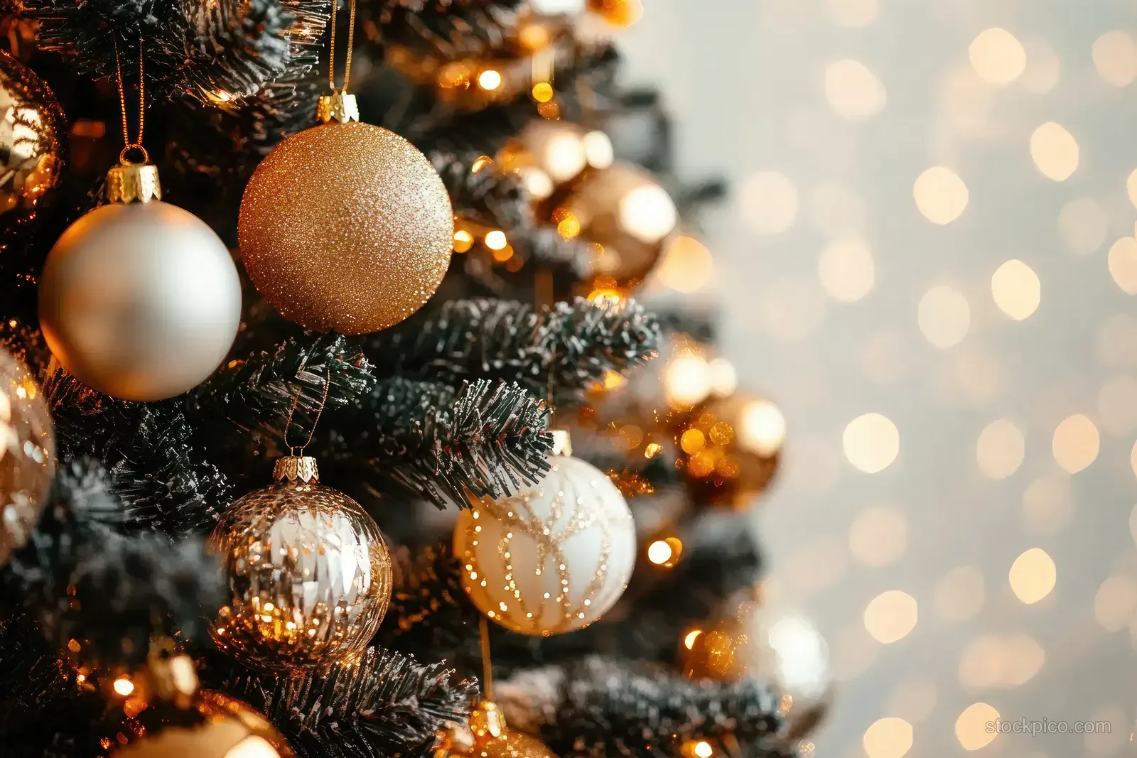 Golden and white Christmas ornaments hang on a tree branch with warm bokeh lights in the background.