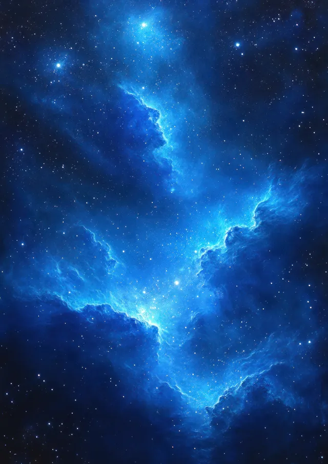 Blue nebula clouds glow with scattered stars in a dark space background.