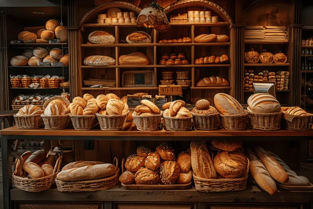 Assorted breads, baguettes, and rolls sit in wicker baskets on wooden shelves beneath warm bakery lights.