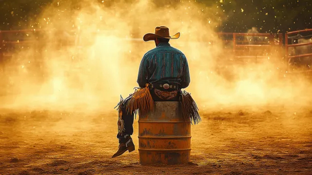A cowboy sits on a rusted barrel in a dusty rodeo arena with golden sunset light and drifting dust behind him.